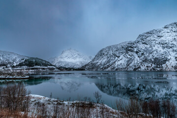 Landscape at the beginning of winter in Gullesfjorden, Lofoten Islands, Norway