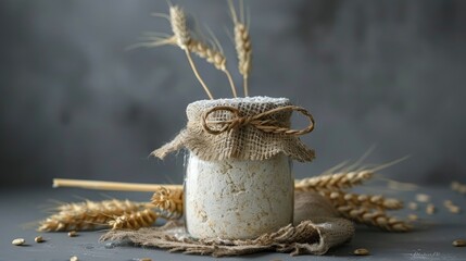 Fototapeta premium a glass jar filled with tangy sourdough starter, accented by a decorative arrangement of wheat ears on a textured burlap backdrop.