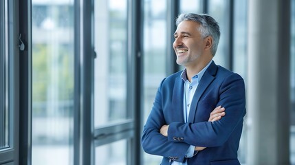 Fototapeta premium Happy confident middle aged business man mature professional ceo corporate leader wearing blue suit standing in modern office with arms crossed looking away laughing authentic vertical : Generative AI