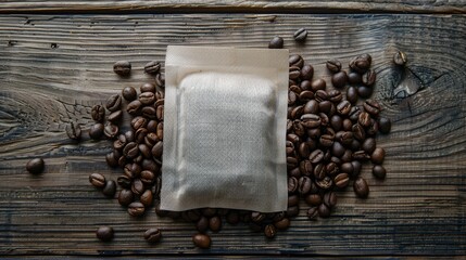 Coffee scented sachet among coffee beans on wooden surface aerial perspective Text area