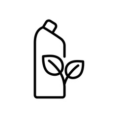 Plastic bottle of liquid cleanser with leaves outline icon. Biodegradable package symbol. Isolated vector illustration 
