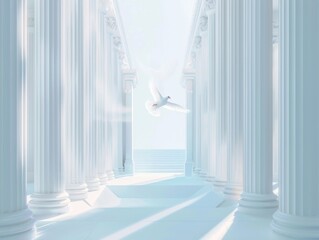 Beautiful airy widescreen minimalist white and light blue architectural background banner with sloping columns. White dove flies to the cross, hope, faith, peace, Jesus, religious culture, artificial 