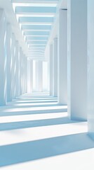 Obraz premium Beautiful airy widescreen minimalist white and light blue architectural background banner with sloping columns. White dove flies to the cross, hope, faith, peace, Jesus, religious culture, artificial 