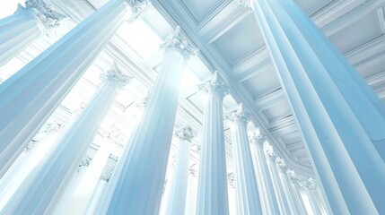 Obraz premium Beautiful airy widescreen minimalist white and light blue architectural background banner with sloping columns. White dove flies to the cross, hope, faith, peace, Jesus, religious culture, artificial 