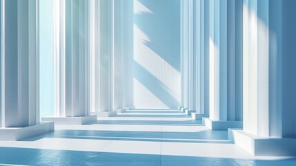 Fototapeta premium Beautiful airy widescreen minimalist white and light blue architectural background banner with sloping columns. White dove flies to the cross, hope, faith, peace, Jesus, religious culture, artificial 