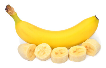 Beautiful banana and rings cut isolated on white background. Pieces, tropical fruit. Sliced. Flat lay, top view