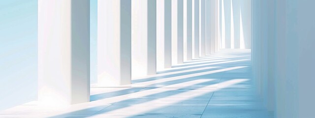 Obraz premium Beautiful airy widescreen minimalist white and light blue architectural background banner with sloping columns. White dove flies to the cross, hope, faith, peace, Jesus, religious culture, artificial 