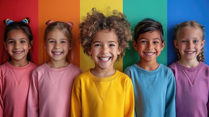 portrait of happy smiling 10 yo boys or girls wearing pastel pink, yellow, green, purple, red sweatshirts isolated on solid color background .