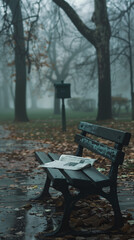 A foggy, rainy park with an empty bench and a newspaper lying on it, surrounded by fallen autumn leaves
