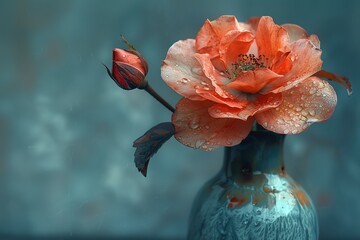 A single orange rose with water droplets sits in a blue vase on a blue background.  A closed bud is visible on the stem. - Powered by Adobe