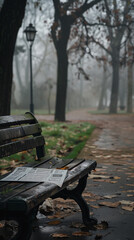 A solitary bench with a newspaper in a misty autumn park, evoking a serene and reflective atmosphere