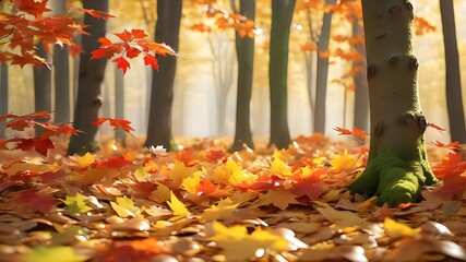 The Autumn maple forest scene is a perfect backdrop for an autumn product display. This is a three-dimensional rendering of the scene.