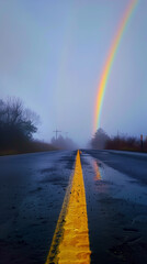 A wet road with a yellow center line leading into a foggy distance, illuminated by a vibrant rainbow arching in the sky