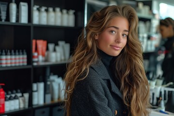 Stylish young woman with long brunette hair, makeup and healthy skin in a cosmetic store.