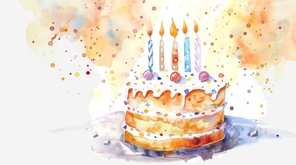 Watercolor painting of a festive birthday cake with candles on a colorful splattered background, perfect for celebrations and greetings.