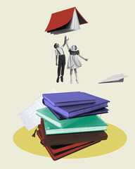 Boy and girl flying with umbrella above pile of books against light background. Path to knowledges. Contemporary art collage. Concept of childhood, education. Creative design in pastel colors