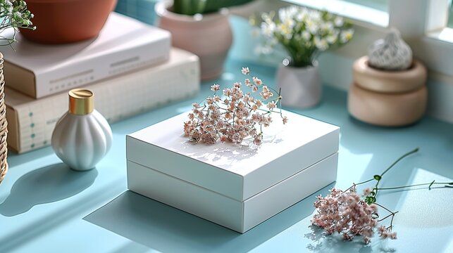 A minimalist white packaging box with a subtle gold accent on a pastel blue surface, adding a touch of elegance and simplicity. Minimal and Simple style