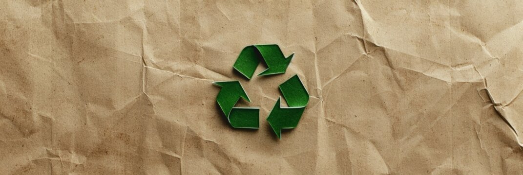 Green recycling symbol on aged, crumpled paper background emphasizing sustainability and environmental conservation. The image conveys an eco-friendly message suitable for themes related to recycling
