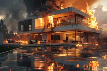 Modern white house is ablaze in the middle of a body of water during the daytime, emitting smoke and flames. Emergency poor wiring house led to a fire. failure to comply with safety regulations.  - Powered by Adobe
