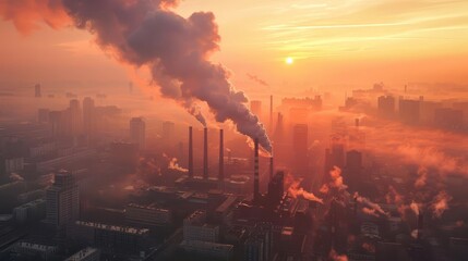 Obraz premium Factory emissions contributing to smog focus on, air quality issues, ethereal, overlay, urban area