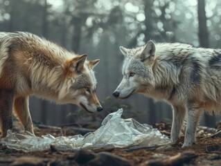 Fototapeta premium Impact of plastic packaging on wildlife copy space, animal harm, realistic, manipulation, forest