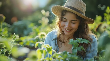 Person practicing mindfulness while gardening, smiling selective focus, serene, Overlay, Garden
