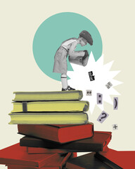 Playful depiction of curiosity in childhood education. little boy standing with bucket basket on pile of books Contemporary artwork. Concept of childhood, education. Creative design in pastel colors