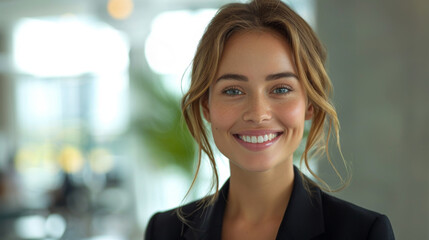 Obraz premium Bright smile businesswoman in suit with white office background