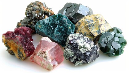 Colorful minerals and gemstones on a white background