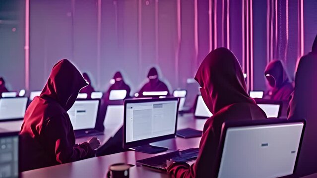 Group of Hackers in Hoodies Working on Laptops Generative AI