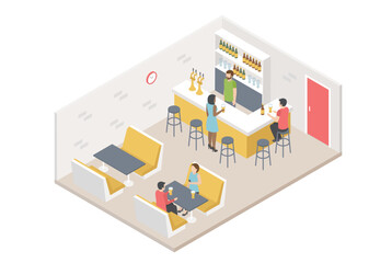 Isometric 3D flat interior of bar or pub. The chairs stand around the bar. Alcoholic drinks on the shelves. People in bar concept.