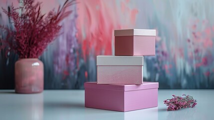 A set of three packaging boxes in varying shades of pink, stacked in a pyramid on a white surface, illustrating a pleasing and simple arrangement. Minimal and Simple style