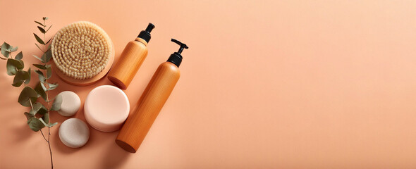 A massage brush and wooden comb, accompanied by natural bathroom essentials, presented on a peach backdrop, viewed from above with large copy space for text - Powered by Adobe