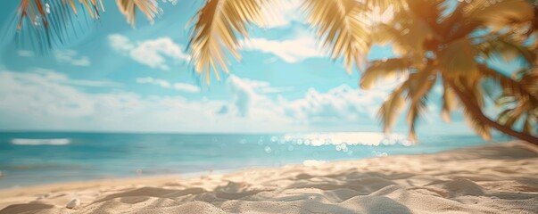 Blurred background of a beautiful sandy beach with palm trees and a blue sky, summer vacation concept banner, space for text or product display, close up