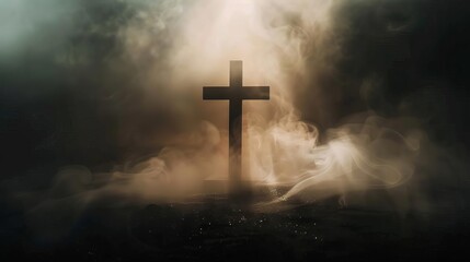 Fototapeta premium american flag cross silhouette in smoky atmospheric background