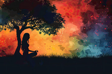 A person sitting under an ancient tree, meditating with colorful smoke swirling around them. Created with Ai