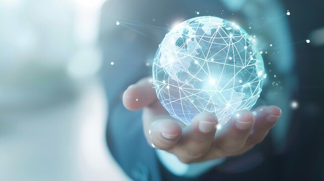 Global business internet network connection IoT Internet of Things business intelligence concept Businessman hand holding global network futuristic technology background : Generative AI