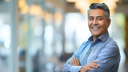 Obraz premium Handsome hispanic senior business man with crossed arms smiling at camera Indian or latin confident mature good looking middle age leader male businessman on blur office background wit : Generative AI