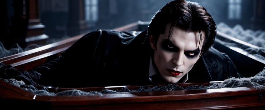 Vampire in a coffin surrounded by cobwebs