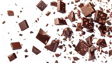assorted chocolates falling with cocoa flakes dark chocolate pieces isolated on white sweet dessert concept digital illustration