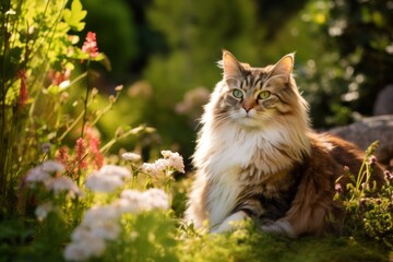 Obraz premium Portrait of a happy american bobtail cat isolated on lush green garden