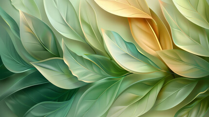 An abstract background featuring stylized leaf patterns in various shades of green and gold, with soft gradients blending the colors seamlessly to create a soothing, organic design.