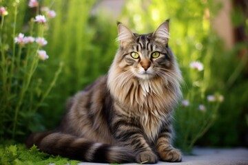 Fototapeta premium Portrait of a happy american bobtail cat while standing against lush green garden