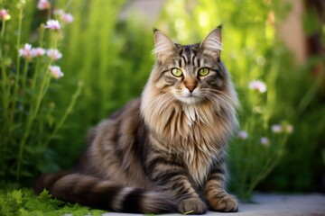 Portrait of a happy american bobtail cat while standing against lush green garden