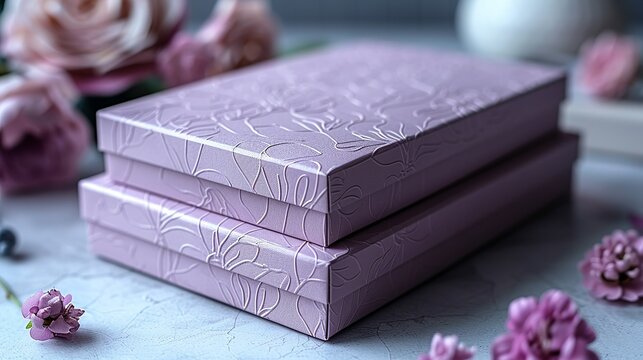 A soft purple packaging box with a delicate embossed pattern on a light gray surface, combining simplicity with a subtle texture. Minimal and Simple style