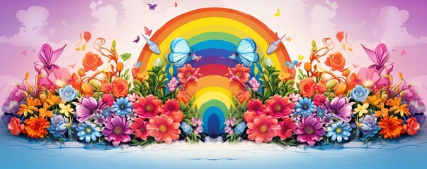 Rainbow Pride: Symmetrical Surreal LGBTQ Podium with Vibrant Floral Design in Festive Atmosphere - Digital Painting
