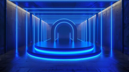 blue neon abstract background ultraviolet light in night club empty room interior glowing panels in tunnel or corridor fashion podium 3d rendering