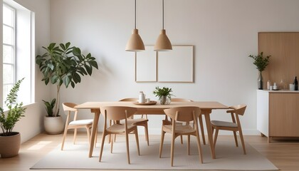 Fototapeta premium Living room of dining room interior with mock up poster frame, stylish table, rattan chair, wooden kitchen island, plants, kitchen hood and personal accessories. Home decor. Template. 3D Render