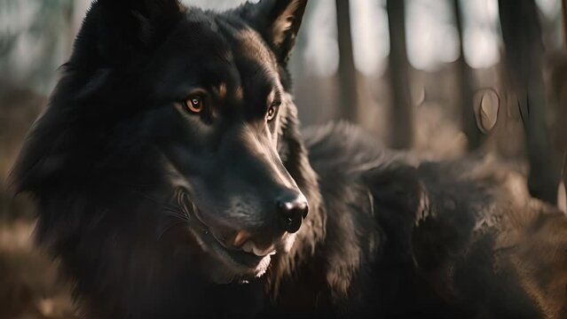 Black Wolf in a Forest Generative AI