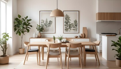 Living room of dining room interior with mock up poster frame, stylish table, rattan chair, wooden kitchen island, plants, kitchen hood and personal accessories. Home decor. Template. 3D Render